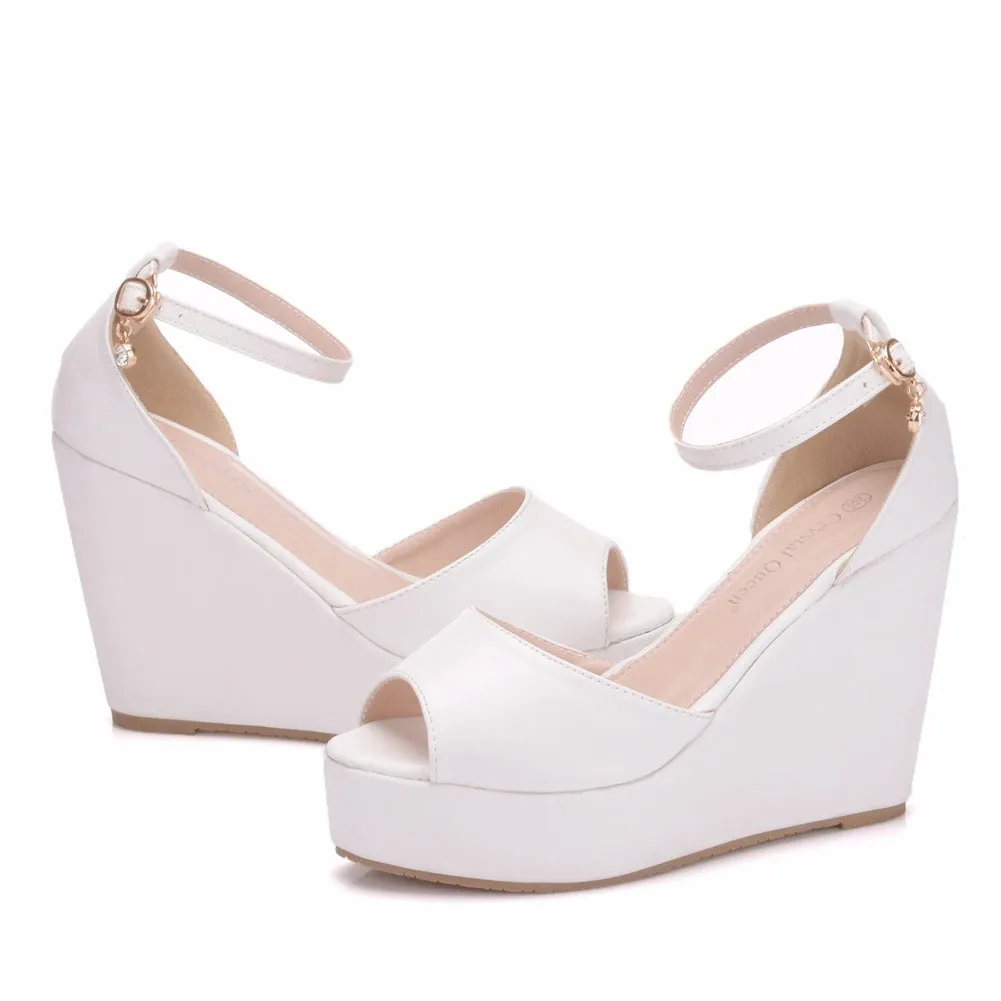 Wedges Shoes Retro Open Peep Toe Ankle Platform Beach White Sandals Buckle-Strap