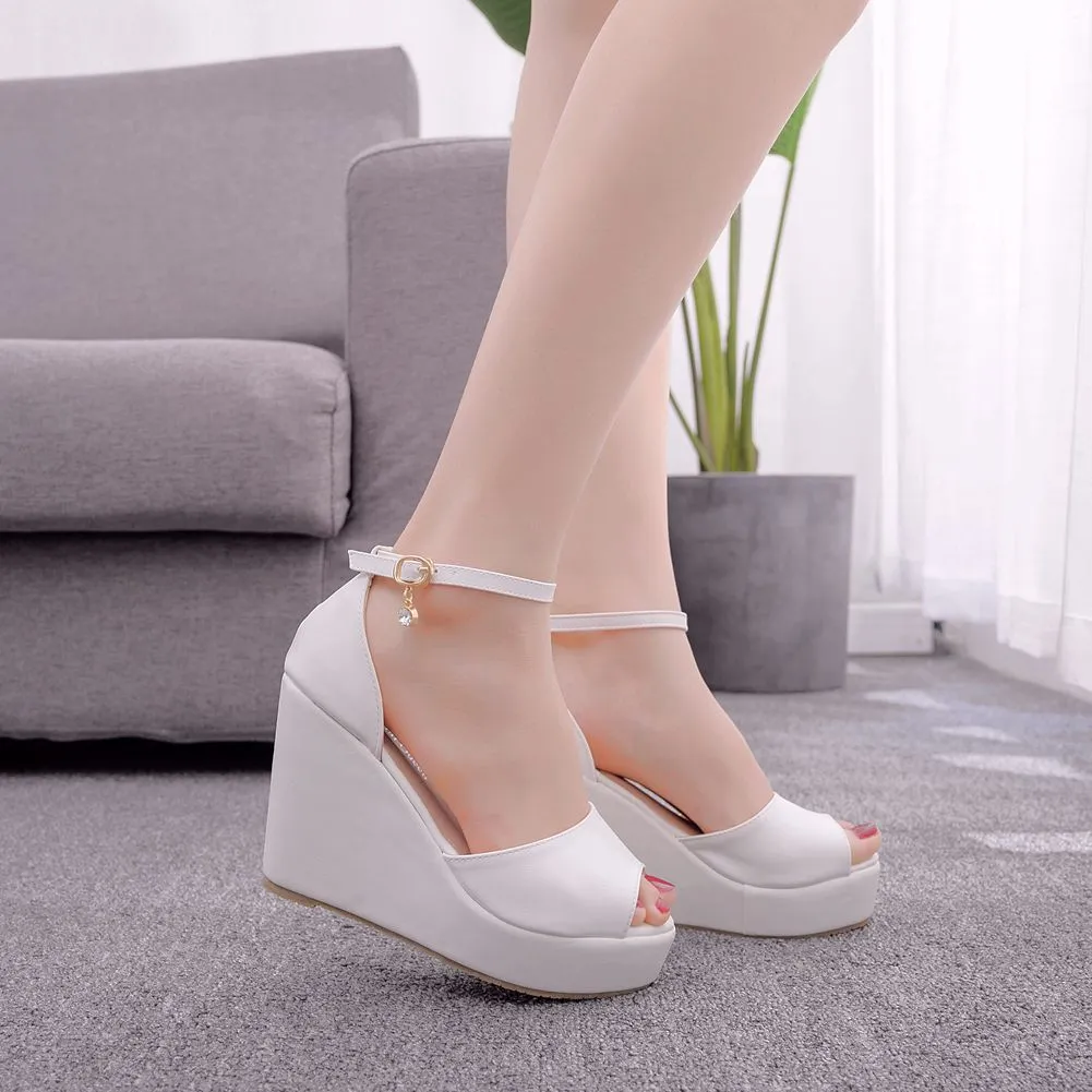 Wedges Shoes Retro Open Peep Toe Ankle Platform Beach White Sandals Buckle-Strap