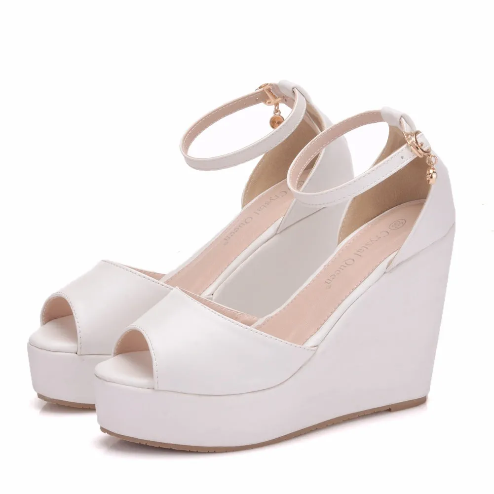 Wedges Shoes Retro Open Peep Toe Ankle Platform Beach White Sandals Buckle-Strap
