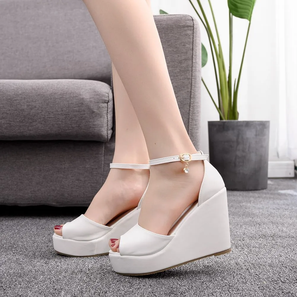 Wedges Shoes Retro Open Peep Toe Ankle Platform Beach White Sandals Buckle-Strap