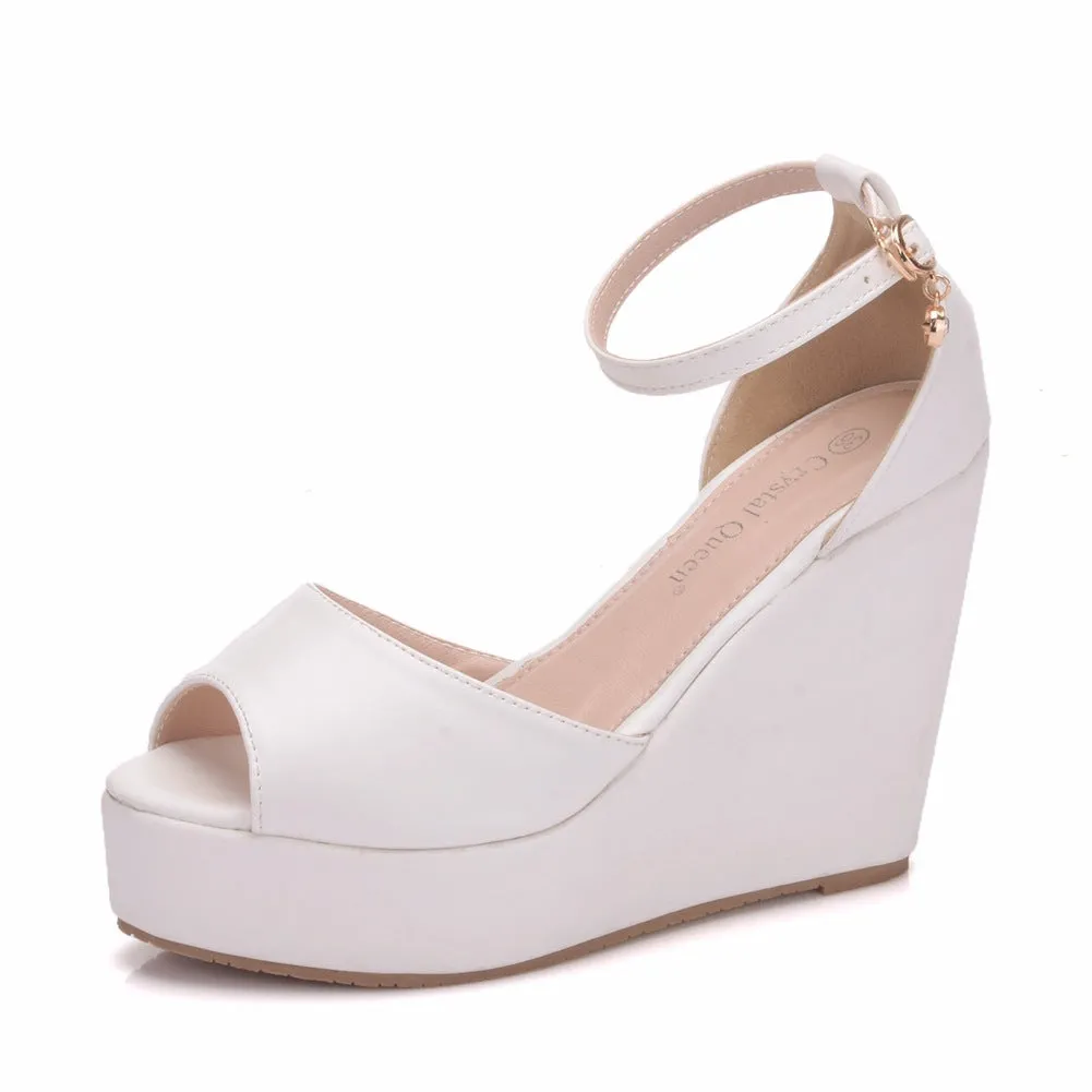 Wedges Shoes Retro Open Peep Toe Ankle Platform Beach White Sandals Buckle-Strap