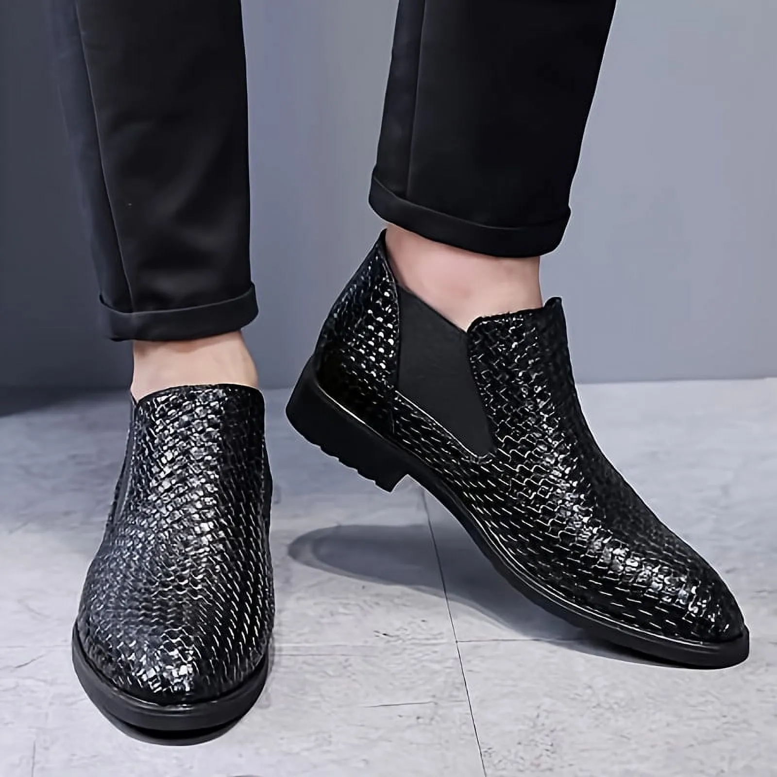Wildking Men's Pointed Toe Weave Texture Chelsea Ankle Boots