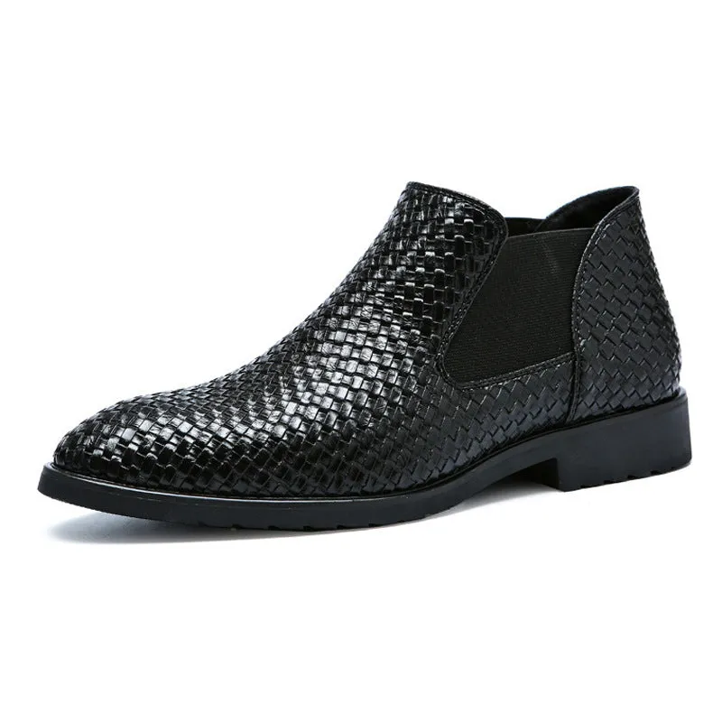 Wildking Men's Pointed Toe Weave Texture Chelsea Ankle Boots