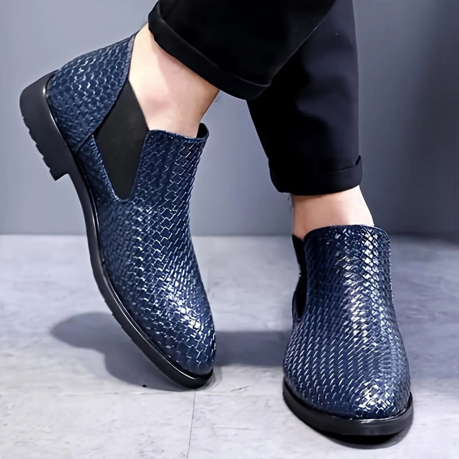 Wildking Men's Pointed Toe Weave Texture Chelsea Ankle Boots