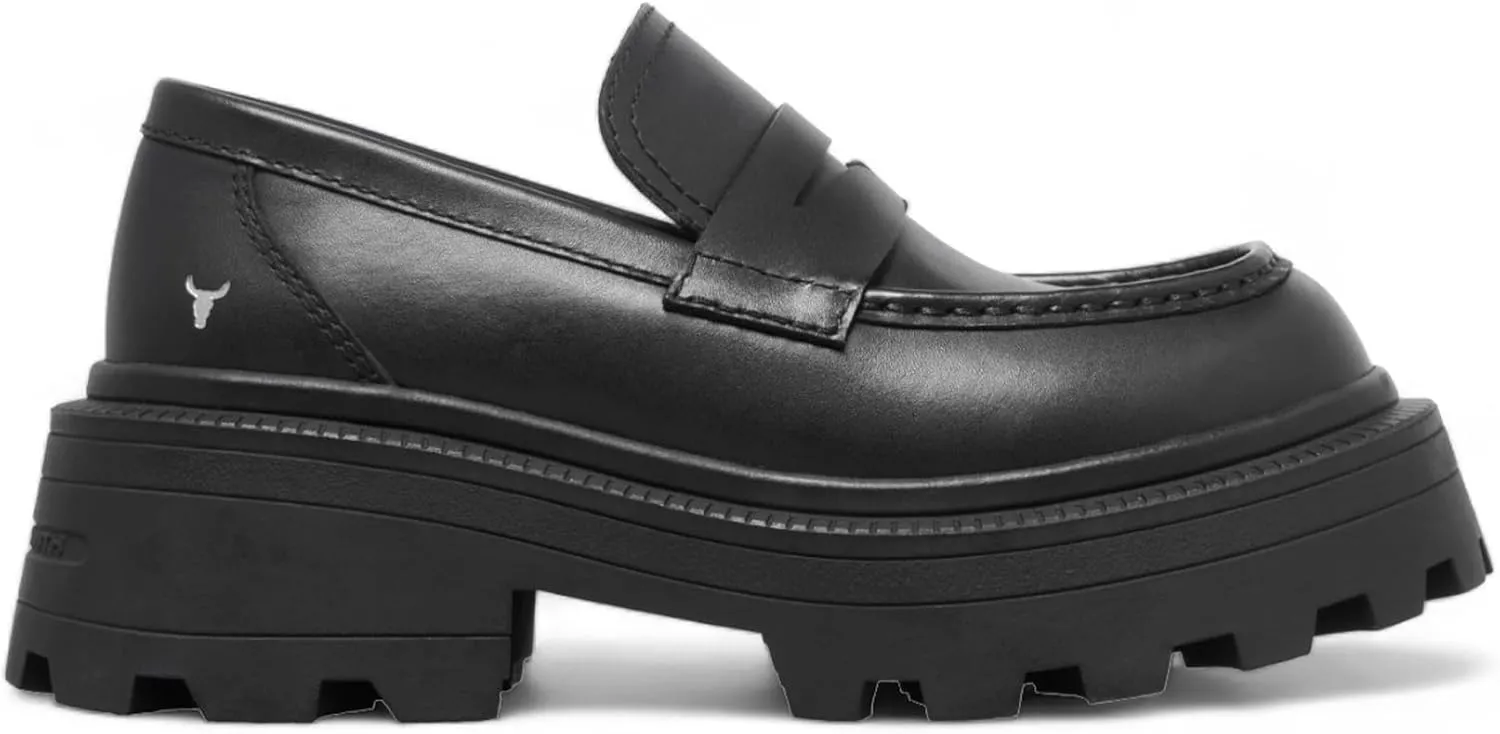 Windsorsmith Womens Black Leather Platform Chunky Loafers Shoes - True