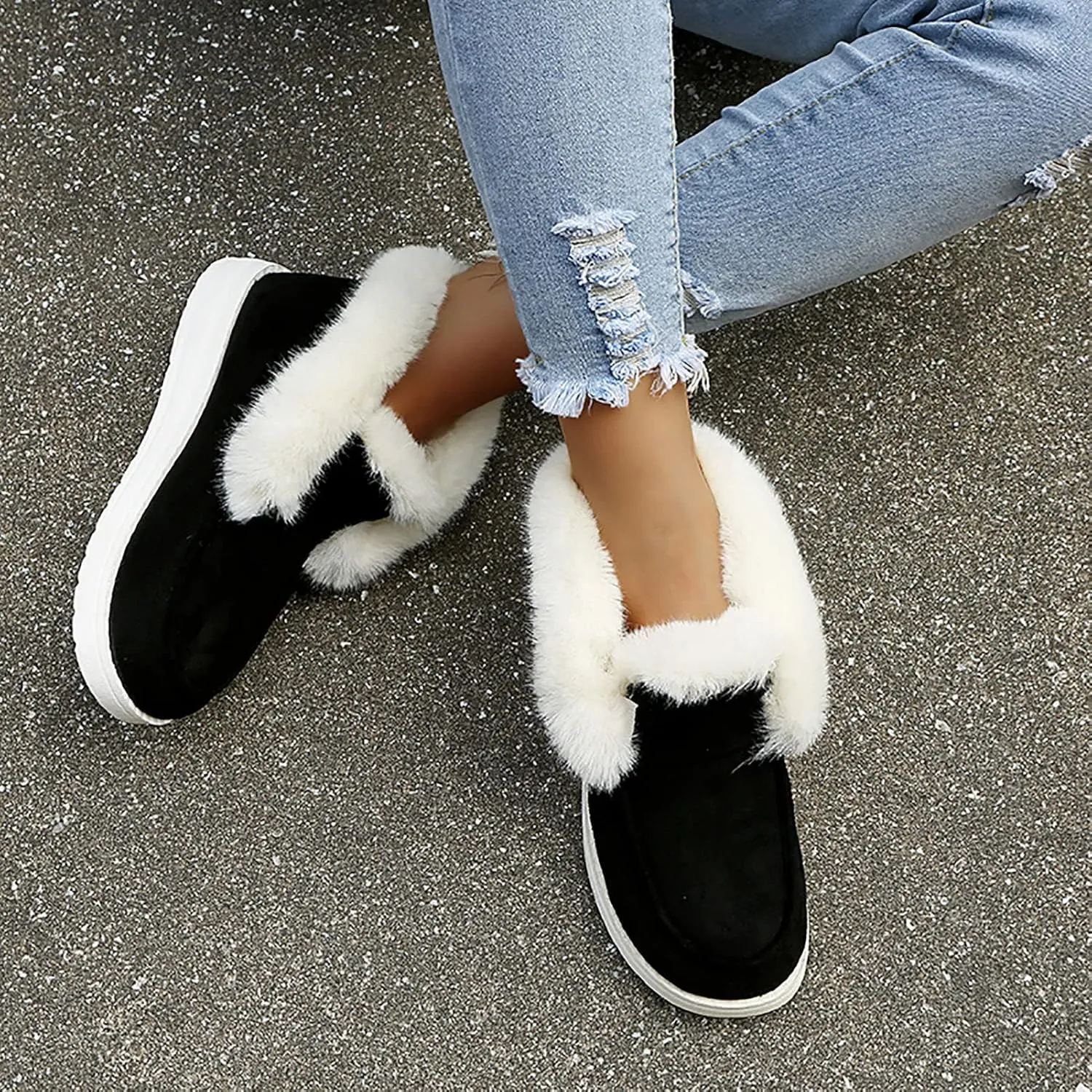 Winter Fur Lined Loafers for Womens Casual Canvas Slip on Soft Lightweight Flats Comfort Elastic Lace up Low Top Boat Shoes