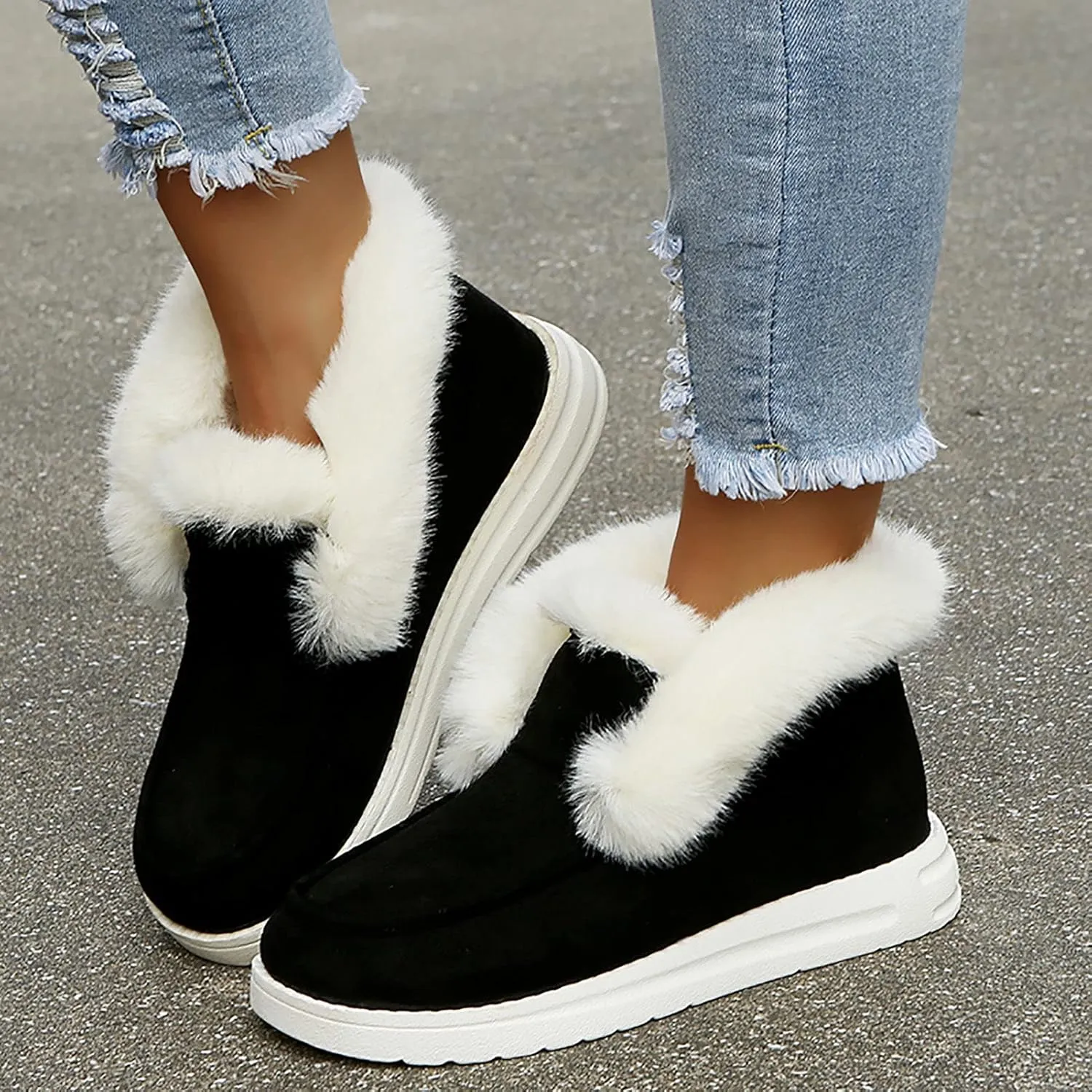 Winter Fur Lined Loafers for Womens Casual Canvas Slip on Soft Lightweight Flats Comfort Elastic Lace up Low Top Boat Shoes