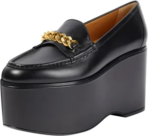 Women Chic Round Toe Chain Decoration Thick Sole Platform Loafers Slip on Graceful Party Homecoming Pump Shoes Size 4-16 US