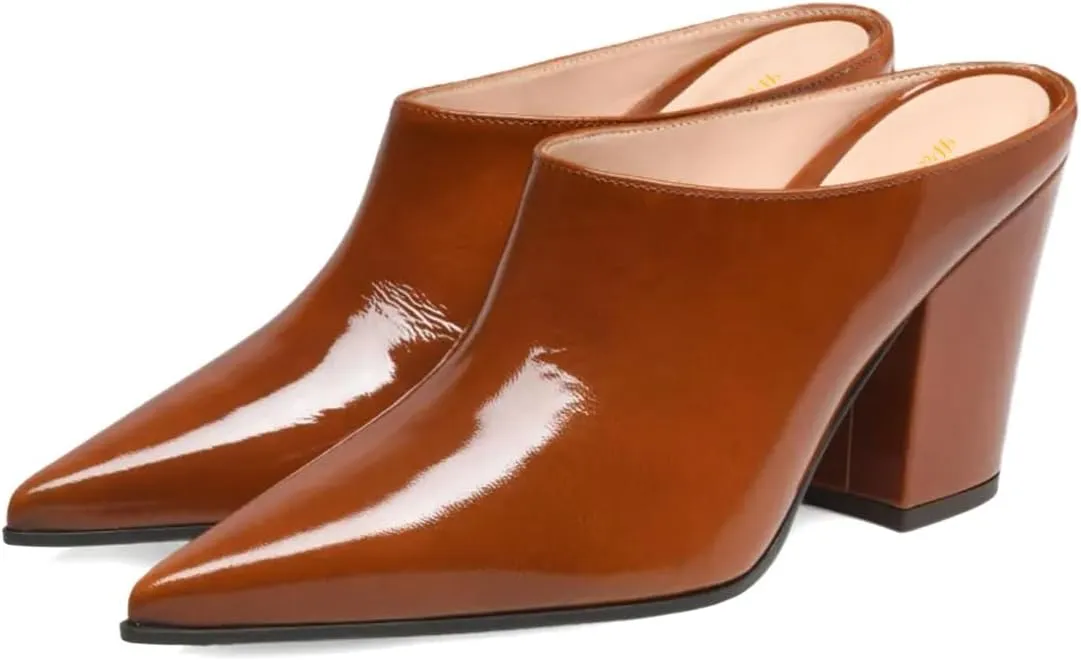 Women Closed Pointed Toe Chunky High Heel Mules Classic Slip on Sandals Comfy Casual Dress Slippers Size 4-16 US