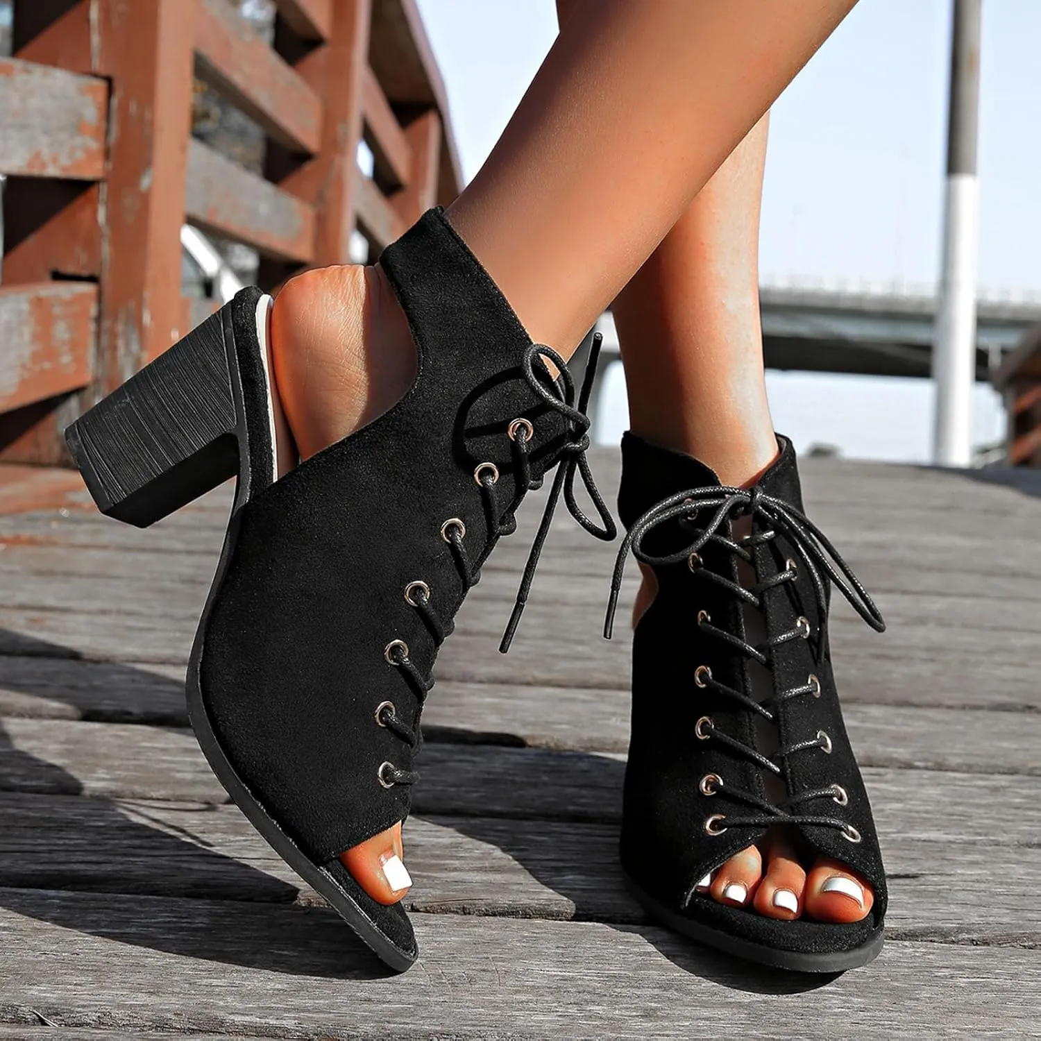Women Fashion Suede Summer Chunky Heels Sandals 2025 Summer Casual Solid Color Slingback Open Toe Lace Up Sandals Summer Backless Mules Slide Walking Shoes for Daily Wear