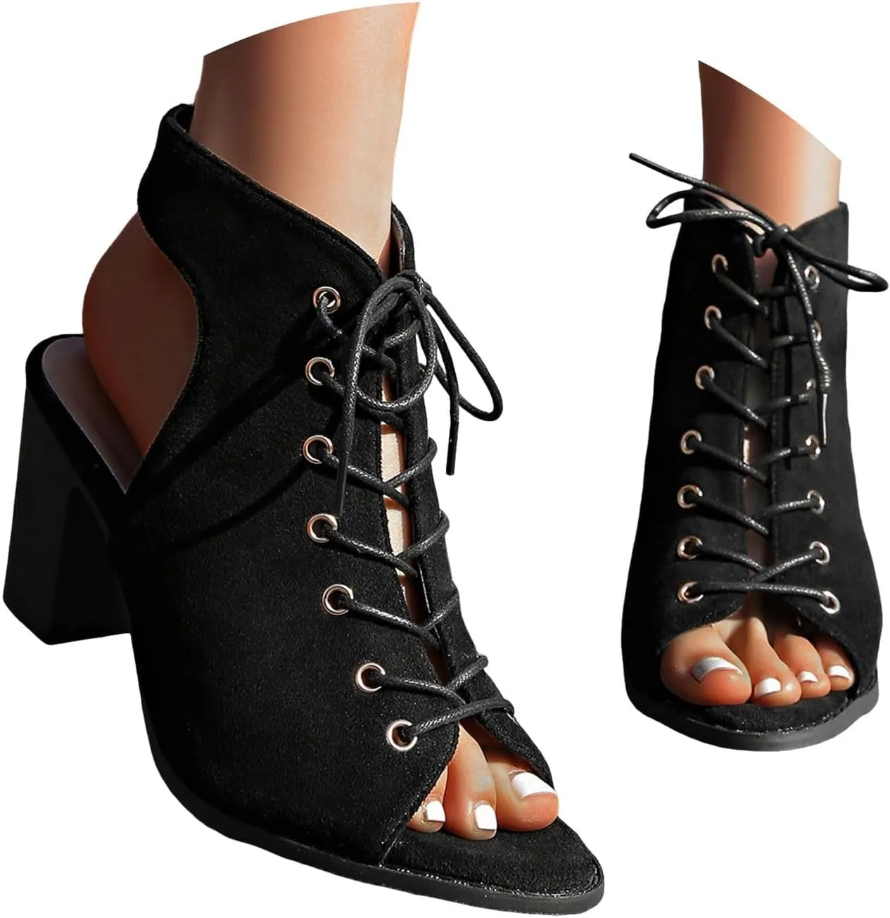 Women Fashion Suede Summer Chunky Heels Sandals 2025 Summer Casual Solid Color Slingback Open Toe Lace Up Sandals Summer Backless Mules Slide Walking Shoes for Daily Wear