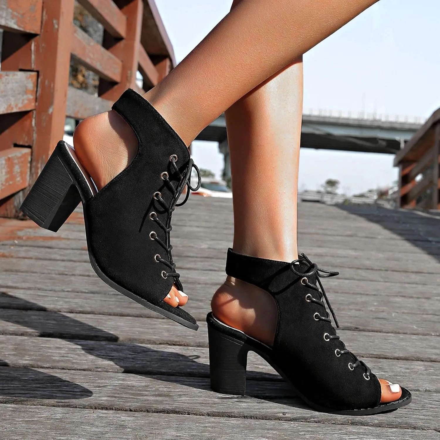 Women Fashion Suede Summer Chunky Heels Sandals 2025 Summer Casual Solid Color Slingback Open Toe Lace Up Sandals Summer Backless Mules Slide Walking Shoes for Daily Wear