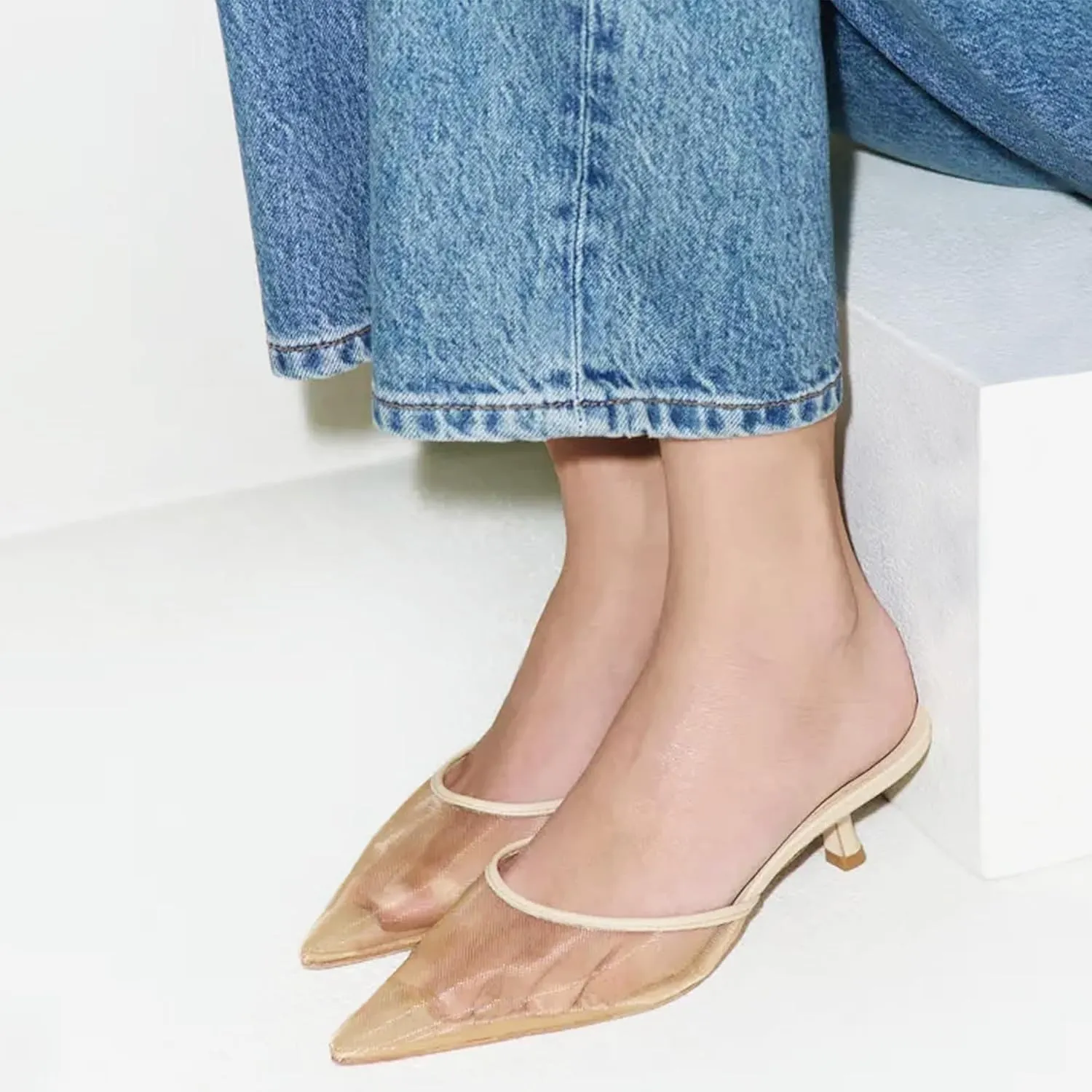 Women Kitten Heels Mules Closed Pointed Toe Slip on Backless Stiletto Slingback Heels Wedding Dress Pumps Shoes