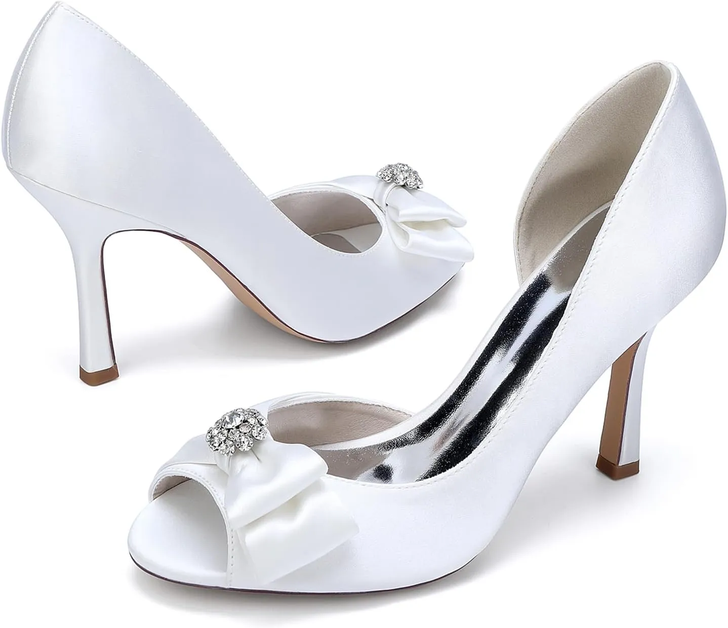 Women Peep Toe Wedding Shoes for Bride Satin with Bow Rhinestones Slip-on Stiletto Heel Prom Party Dress Sandals