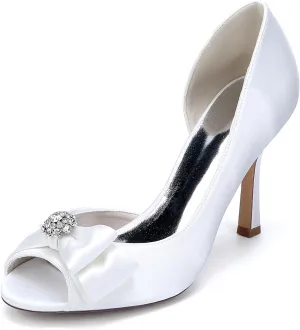 Women Peep Toe Wedding Shoes for Bride Satin with Bow Rhinestones Slip-on Stiletto Heel Prom Party Dress Sandals