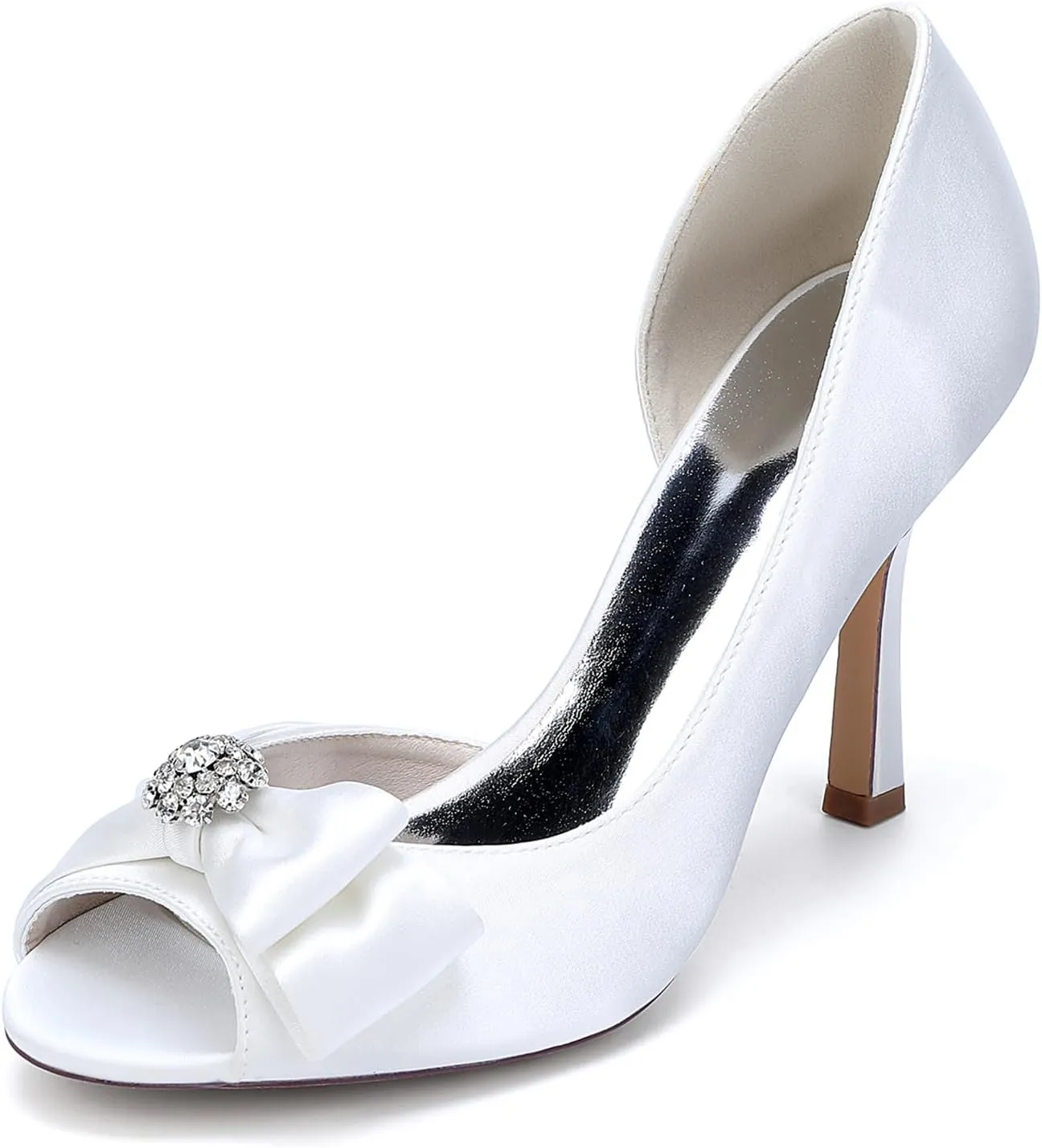 Women Peep Toe Wedding Shoes for Bride Satin with Bow Rhinestones Slip-on Stiletto Heel Prom Party Dress Sandals