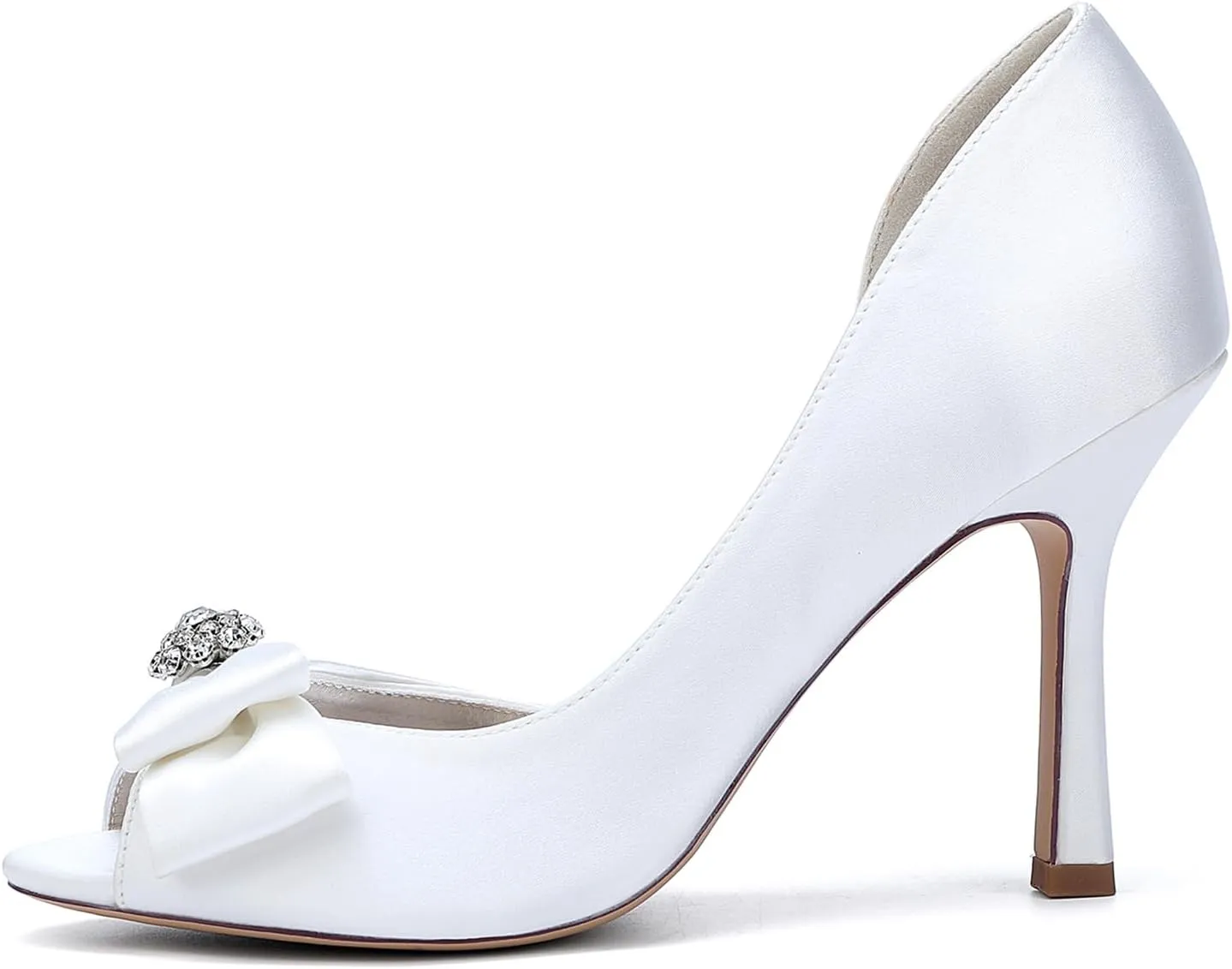 Women Peep Toe Wedding Shoes for Bride Satin with Bow Rhinestones Slip-on Stiletto Heel Prom Party Dress Sandals