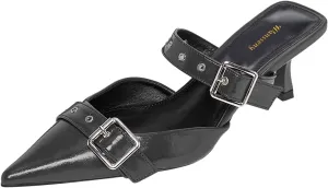 Women Pointed Toe Strap Buckle Mules Kitten Heel Slip On Ladies Summer Casual Dress Shoes Size 4-16 US