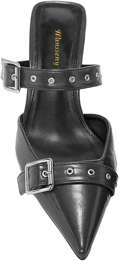 Women Pointed Toe Strap Buckle Mules Kitten Heel Slip On Ladies Summer Casual Dress Shoes Size 4-16 US