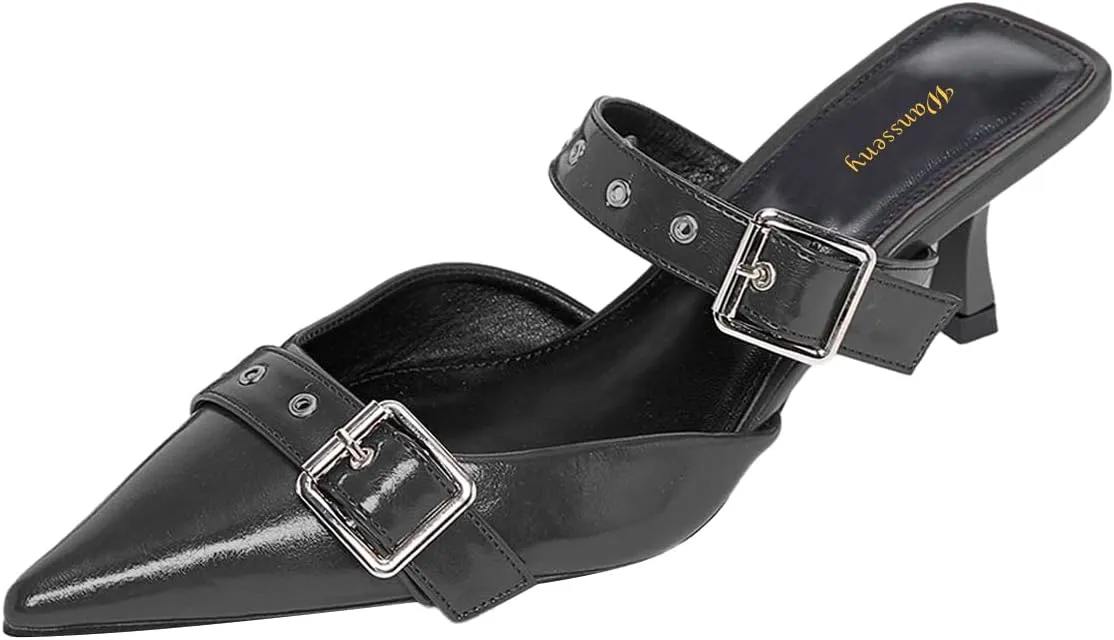 Women Pointed Toe Strap Buckle Mules Kitten Heel Slip On Ladies Summer Casual Dress Shoes Size 4-16 US