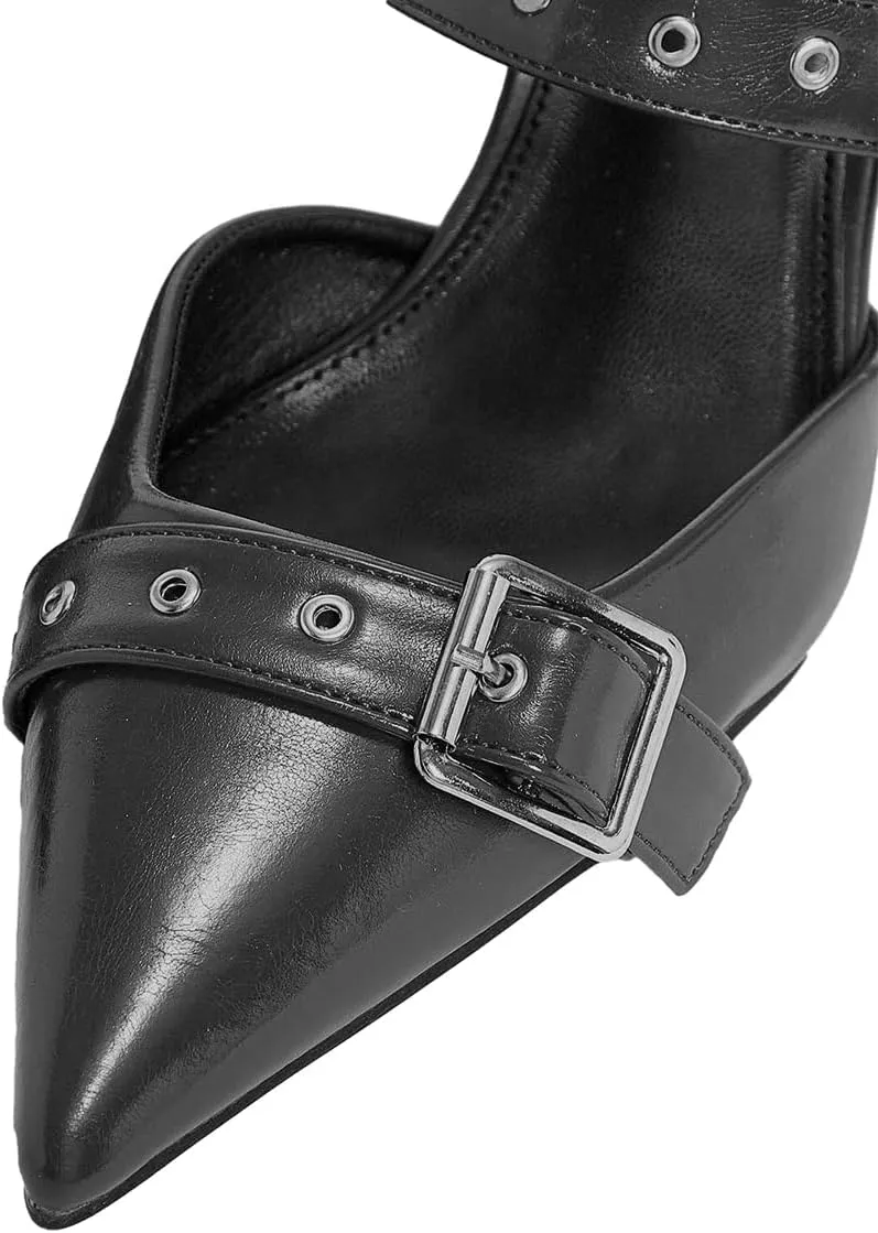 Women Pointed Toe Strap Buckle Mules Kitten Heel Slip On Ladies Summer Casual Dress Shoes Size 4-16 US