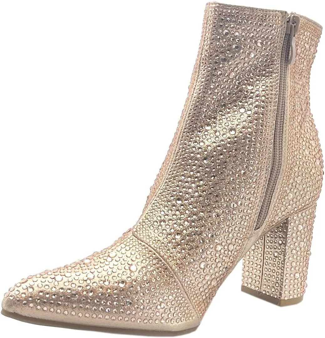 Women Rhinestone Block Chunky Heel Ankle Bootie