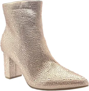 Women Rhinestone Block Chunky Heel Ankle Bootie