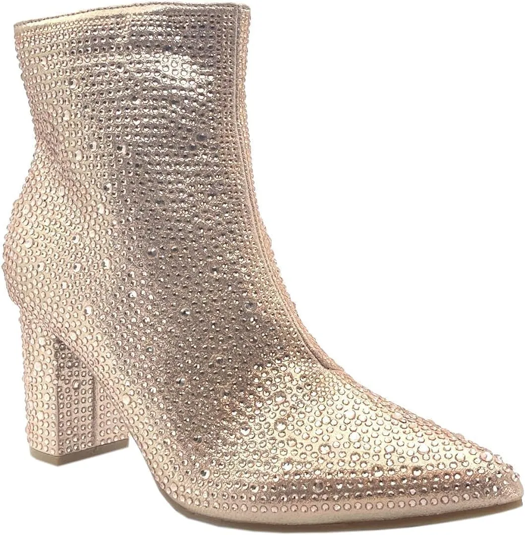 Women Rhinestone Block Chunky Heel Ankle Bootie
