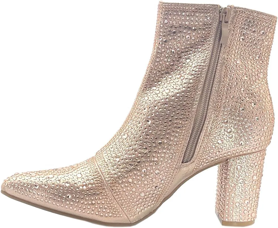 Women Rhinestone Block Chunky Heel Ankle Bootie