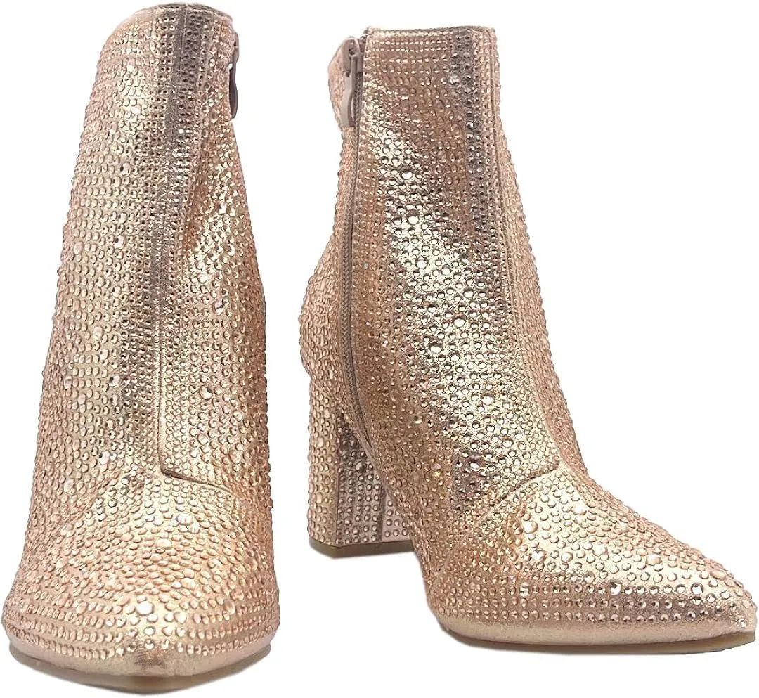 Women Rhinestone Block Chunky Heel Ankle Bootie