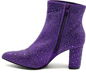 Women Rhinestone Block Chunky Heel Ankle Bootie
