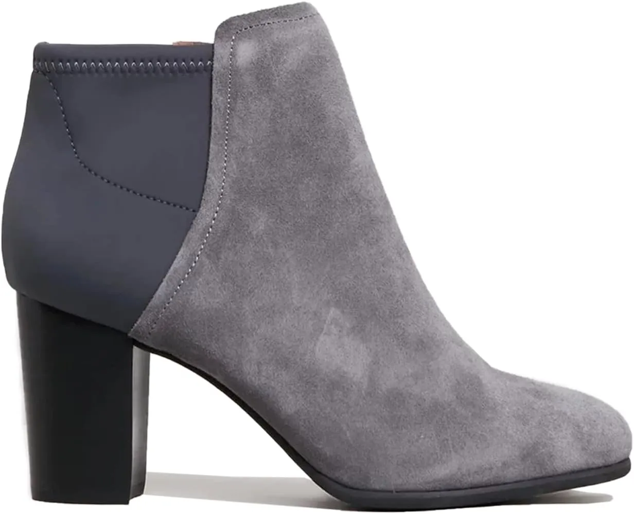 Women Suede Leather Chunky Ankle Booties, Round Toe High Heel Short Boot, Classic Grey Side Zipper Ankle Shoes, Fashion Booties for Casual or Dress up, Full Size 4-16 M US