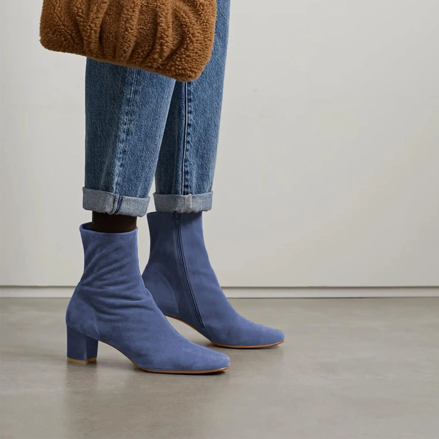 Women Suede Leather Chunky Ankle Booties, Round Toe Med Heel Short Boot, Classic Tan Side Zipper Ankle Shoes, Fashion Comfort Booties for Casual or Dress up, Full Size 4-16 M US