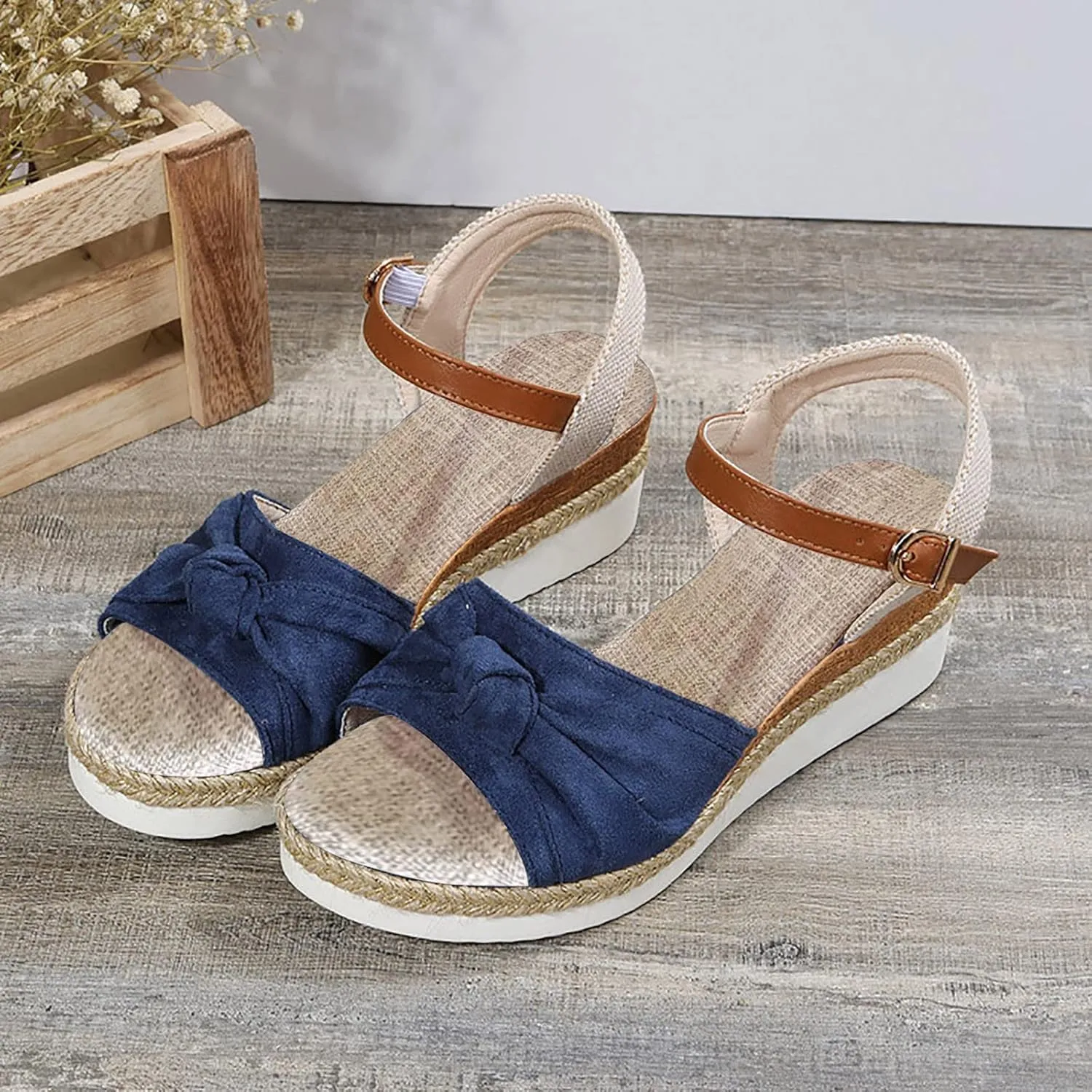 Women Suede Wedge Sandals Espadrille Wedges Ankle Strap Summer Open Toe Dressy Beach Sandals Wide Width Wedge Shoes