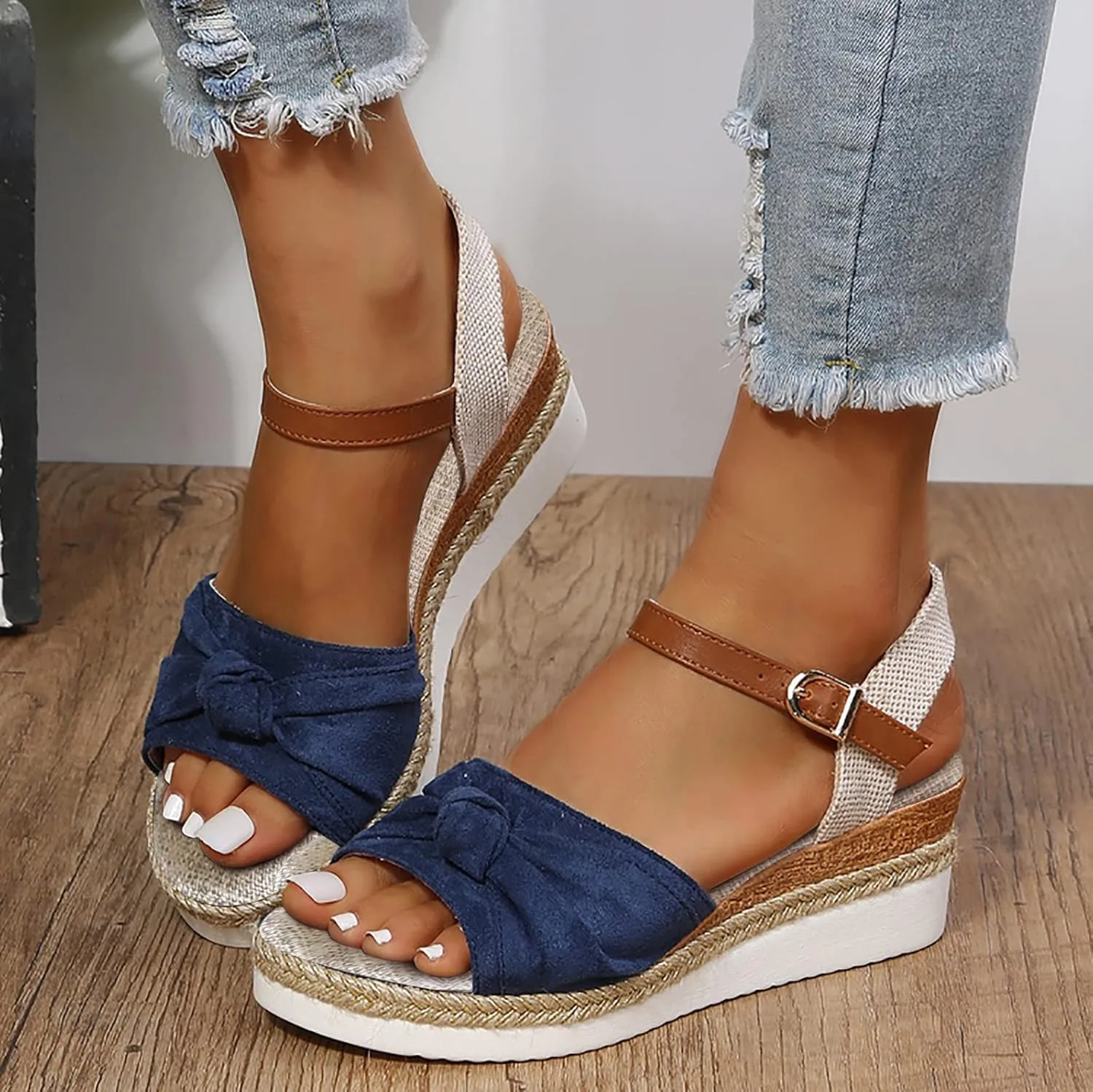 Women Suede Wedge Sandals Espadrille Wedges Ankle Strap Summer Open Toe Dressy Beach Sandals Wide Width Wedge Shoes