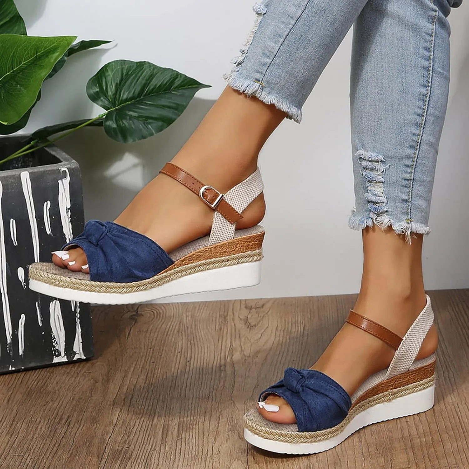 Women Suede Wedge Sandals Espadrille Wedges Ankle Strap Summer Open Toe Dressy Beach Sandals Wide Width Wedge Shoes