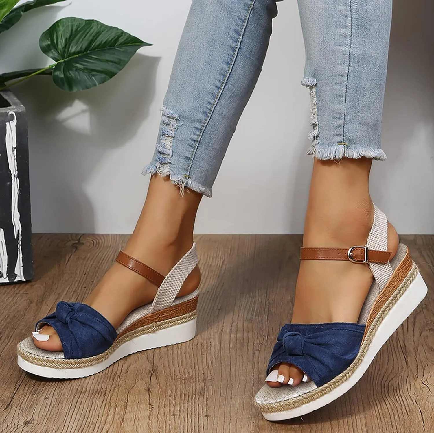 Women Suede Wedge Sandals Espadrille Wedges Ankle Strap Summer Open Toe Dressy Beach Sandals Wide Width Wedge Shoes