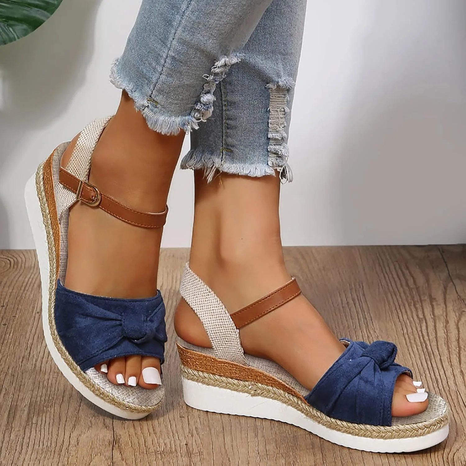 Women Suede Wedge Sandals Espadrille Wedges Ankle Strap Summer Open Toe Dressy Beach Sandals Wide Width Wedge Shoes