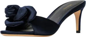 Women Thin Mid Heel Flower Open Toe Satin Mules Slip on Graceful Summer Party Event Slide Sandals Size 4-16 US