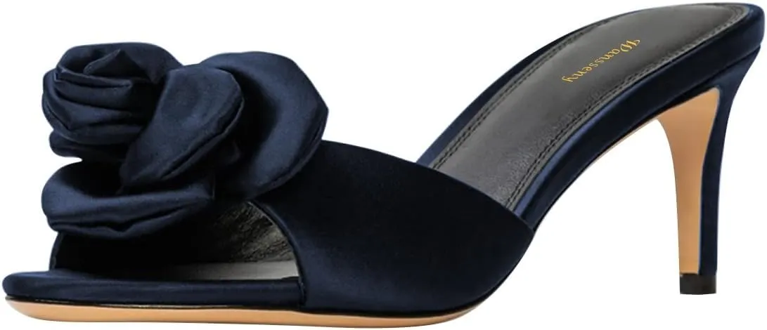 Women Thin Mid Heel Flower Open Toe Satin Mules Slip on Graceful Summer Party Event Slide Sandals Size 4-16 US