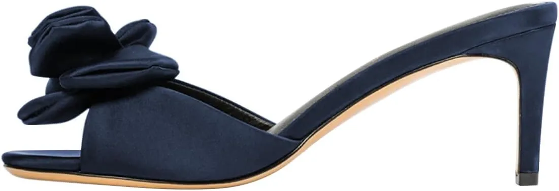Women Thin Mid Heel Flower Open Toe Satin Mules Slip on Graceful Summer Party Event Slide Sandals Size 4-16 US