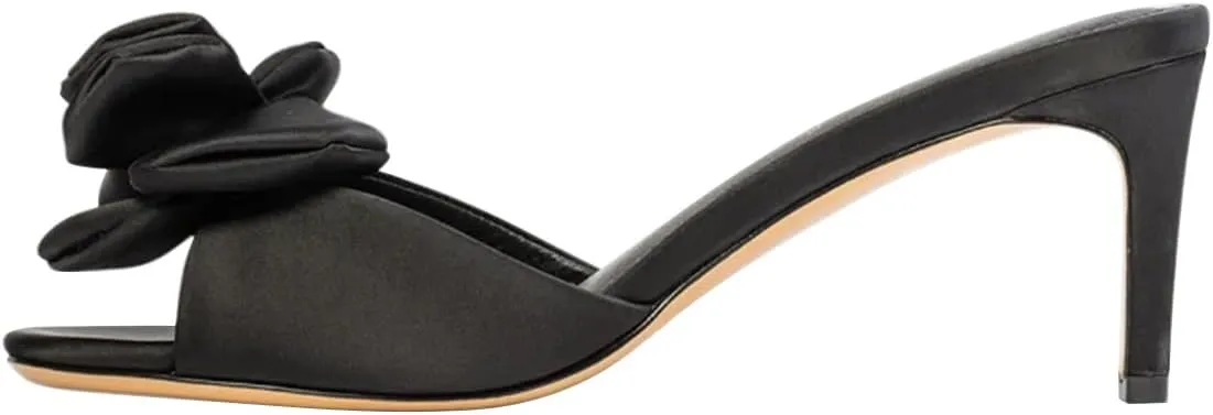 Women Thin Mid Heel Flower Open Toe Satin Mules Slip on Graceful Summer Party Event Slide Sandals Size 4-16 US