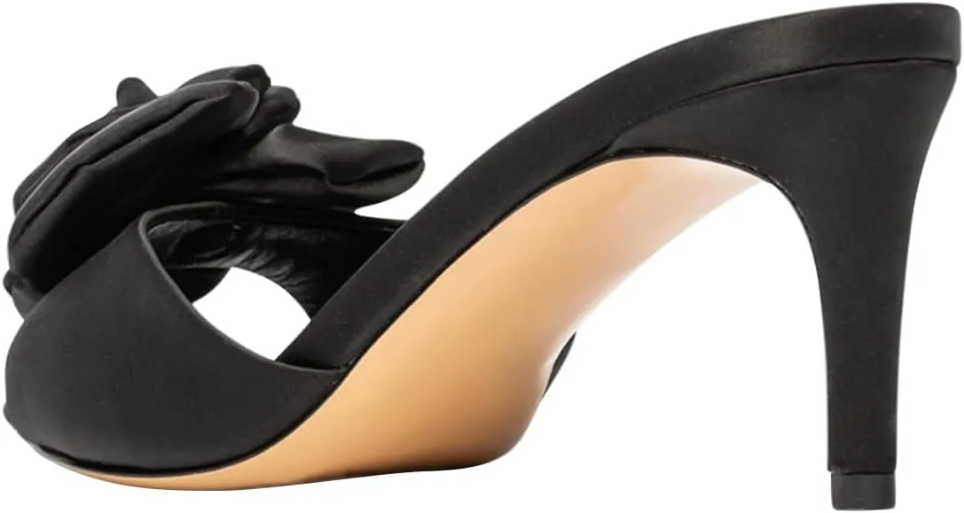 Women Thin Mid Heel Flower Open Toe Satin Mules Slip on Graceful Summer Party Event Slide Sandals Size 4-16 US