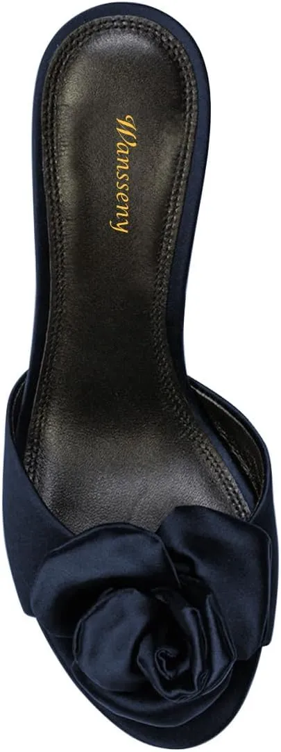 Women Thin Mid Heel Flower Open Toe Satin Mules Slip on Graceful Summer Party Event Slide Sandals Size 4-16 US