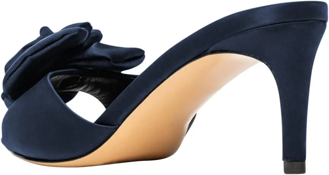 Women Thin Mid Heel Flower Open Toe Satin Mules Slip on Graceful Summer Party Event Slide Sandals Size 4-16 US