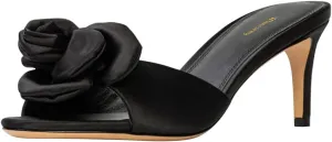Women Thin Mid Heel Flower Open Toe Satin Mules Slip on Graceful Summer Party Event Slide Sandals Size 4-16 US