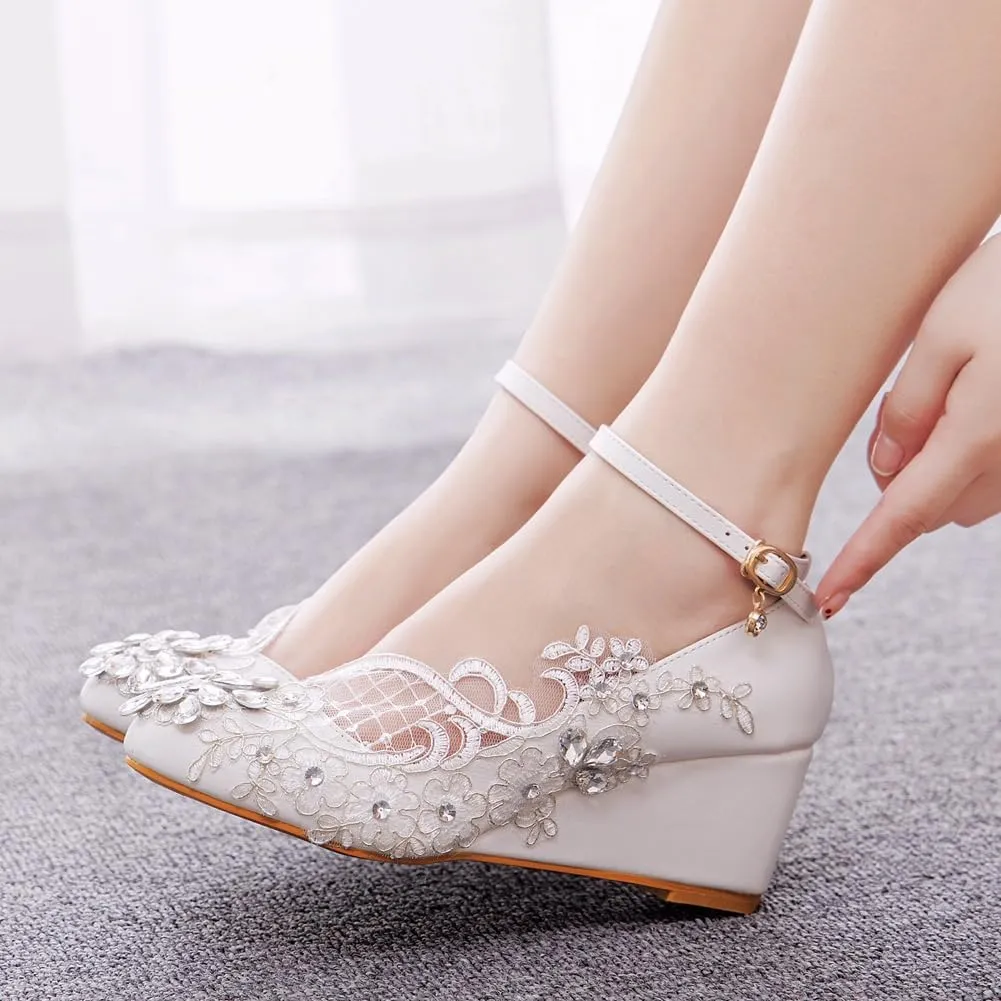 Women's Ankle Strap Buckle Wedges Heel Bridesmaid Wedding Shoes, Sexy Dress Bridal Heels, Closed Toe Bride Pumps