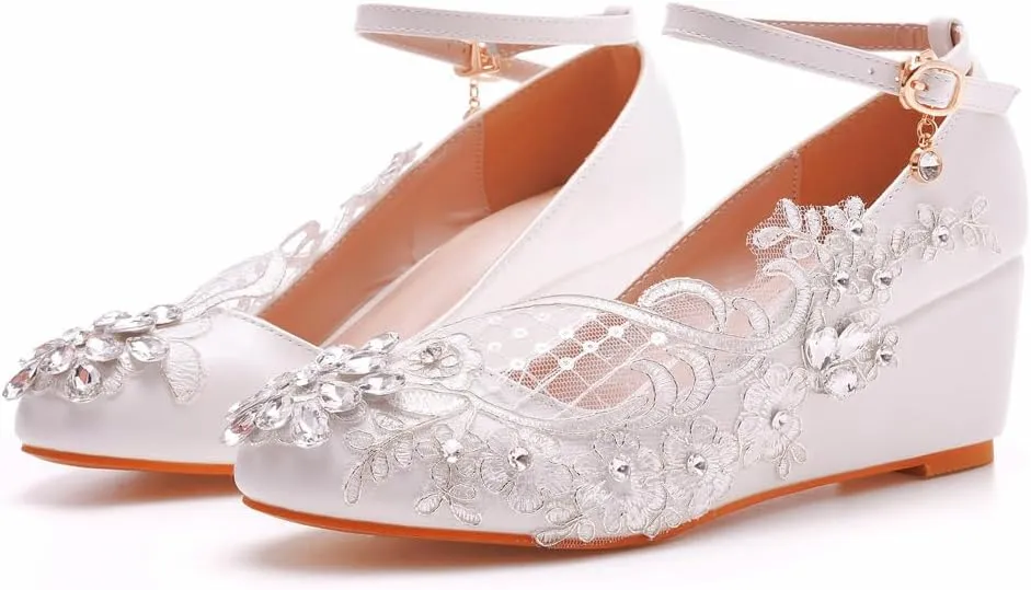 Women's Ankle Strap Buckle Wedges Heel Bridesmaid Wedding Shoes, Sexy Dress Bridal Heels, Closed Toe Bride Pumps