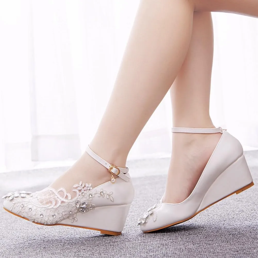Women's Ankle Strap Buckle Wedges Heel Bridesmaid Wedding Shoes, Sexy Dress Bridal Heels, Closed Toe Bride Pumps