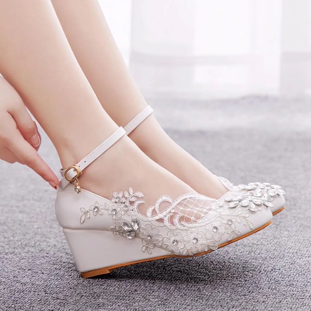 Women's Ankle Strap Buckle Wedges Heel Bridesmaid Wedding Shoes, Sexy Dress Bridal Heels, Closed Toe Bride Pumps